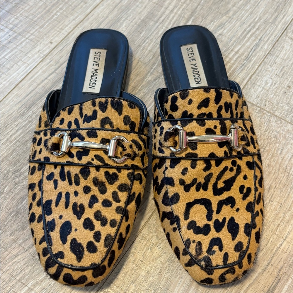 Steve Madden Leopard-Print Faux-Hair Bit Mules - Tan Black
